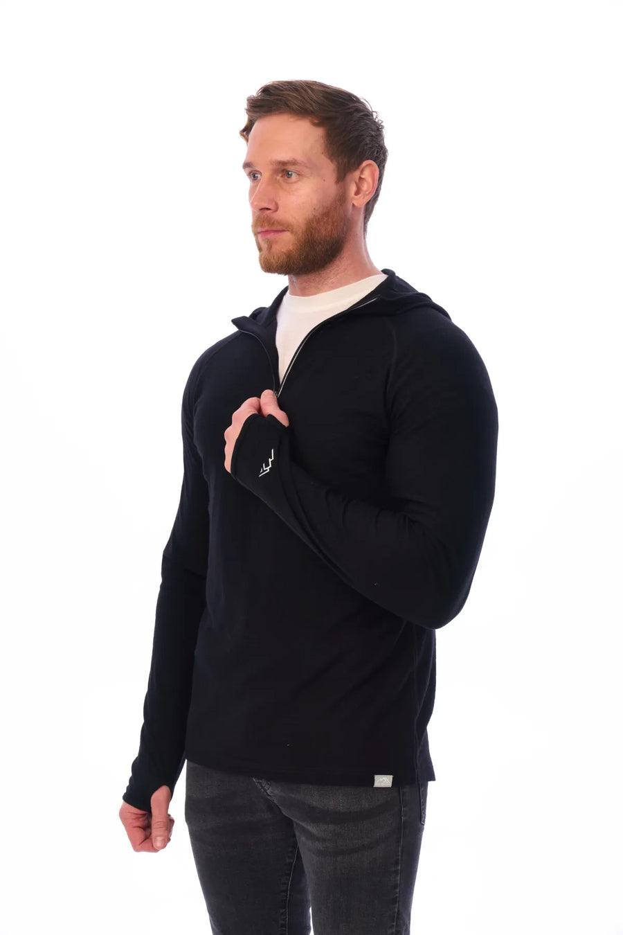 Men's Merino Wool Half Zip Hoodie 190 Black