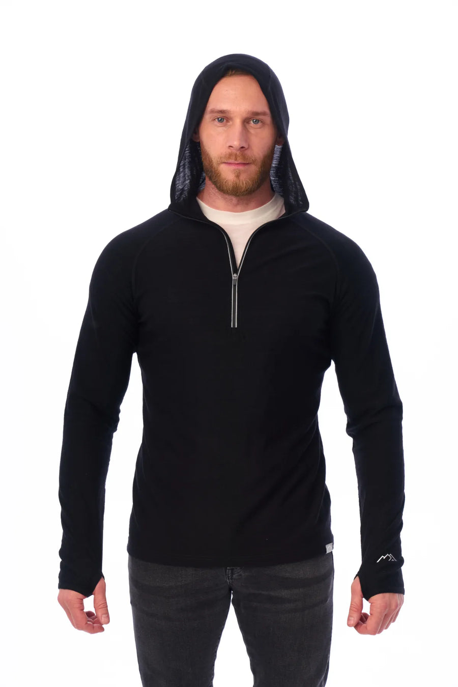 Men's Merino Wool Half Zip Hoodie 190 Black