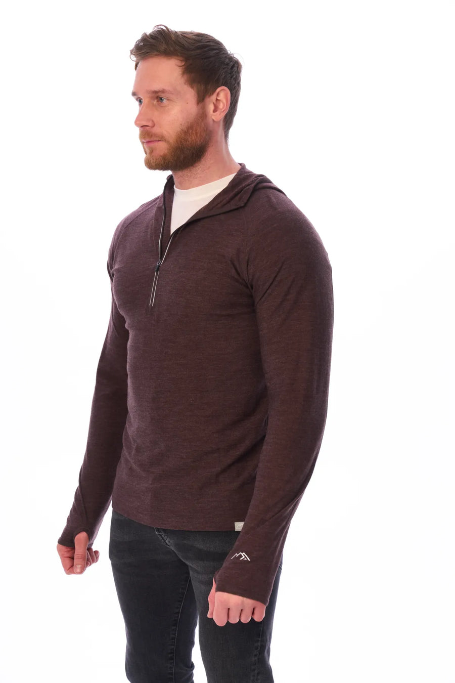 Men's Merino Wool Half Zip Hoodie 190 Chocolate