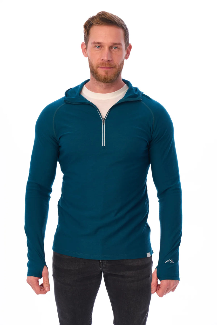 Men's Merino Wool Half Zip Hoodie 190 Deep Teal