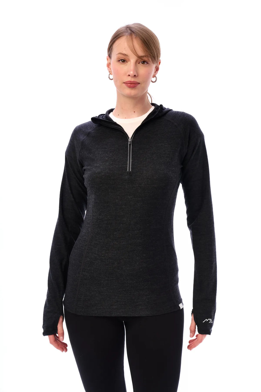 Women's Merino Wool Half Zip Hoodie 190 Charcoal Grey