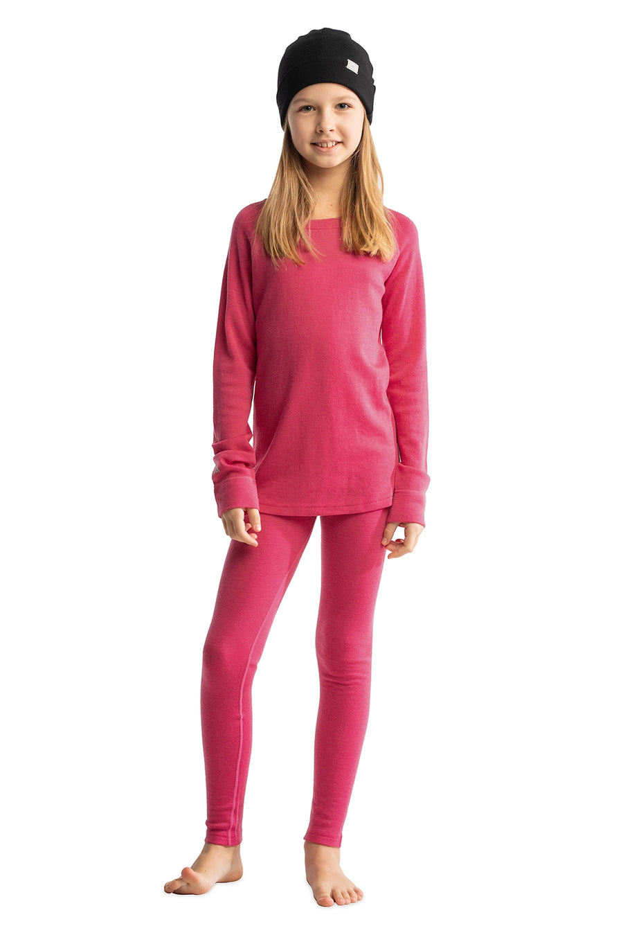 Kids’ Merino Wool Thermal Set 250 Pink + Black Beanie