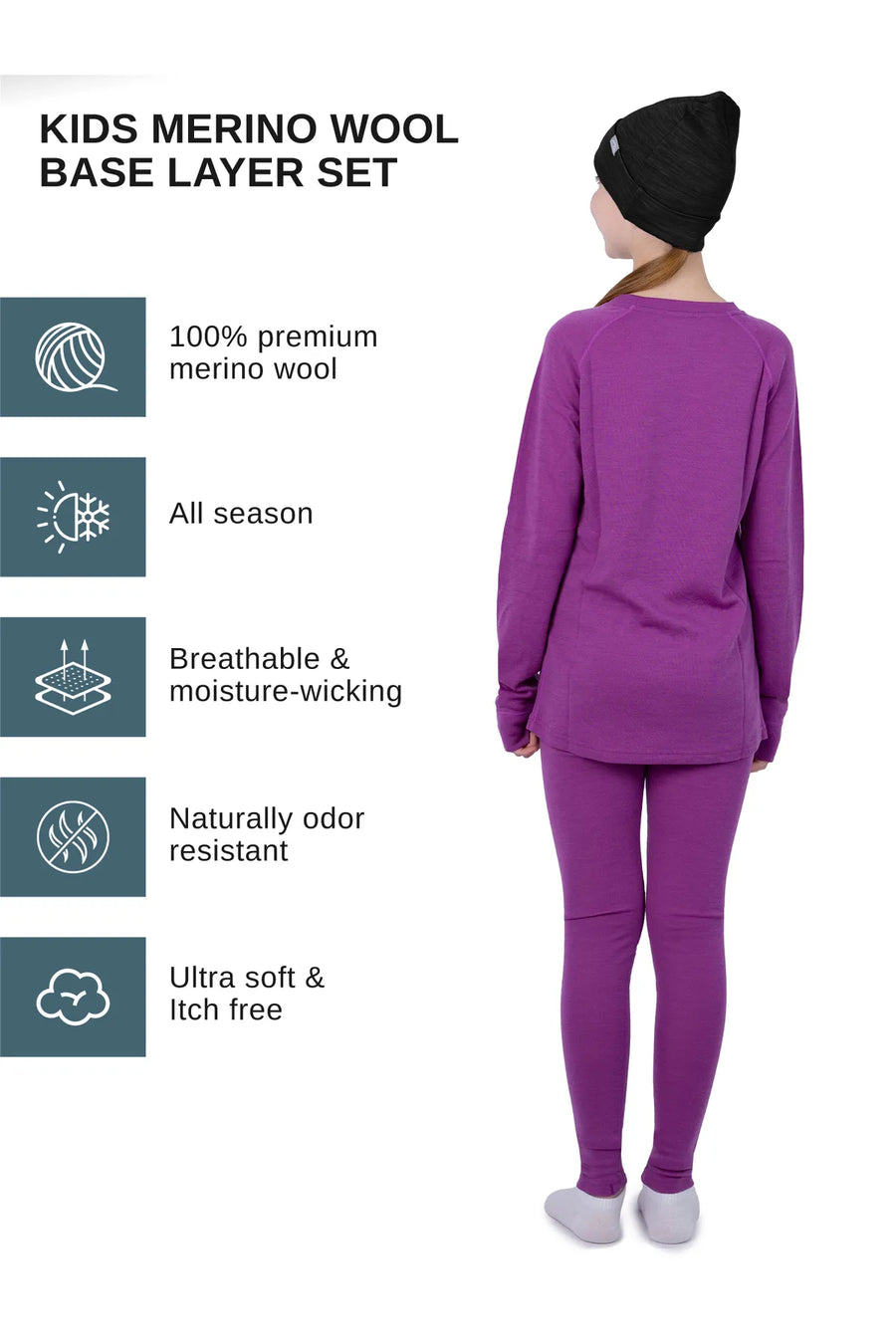 Kids’ Merino Wool Thermal Set 250 Violet Purple + Black Beanie