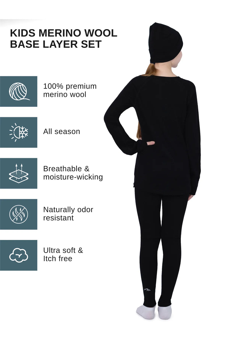 Kids’ Merino Wool Thermal Set 250 Black + Black Beanie