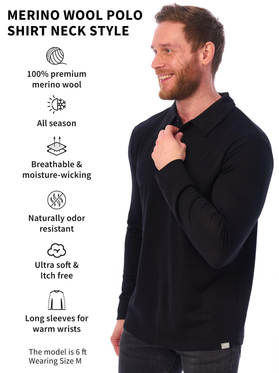 Men's Merino Wool Long Sleeve Polo 165 Black