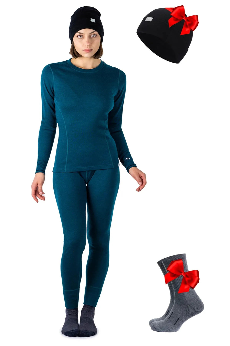 Women's Deep Teal Thermal Set 250 + Black Beanie