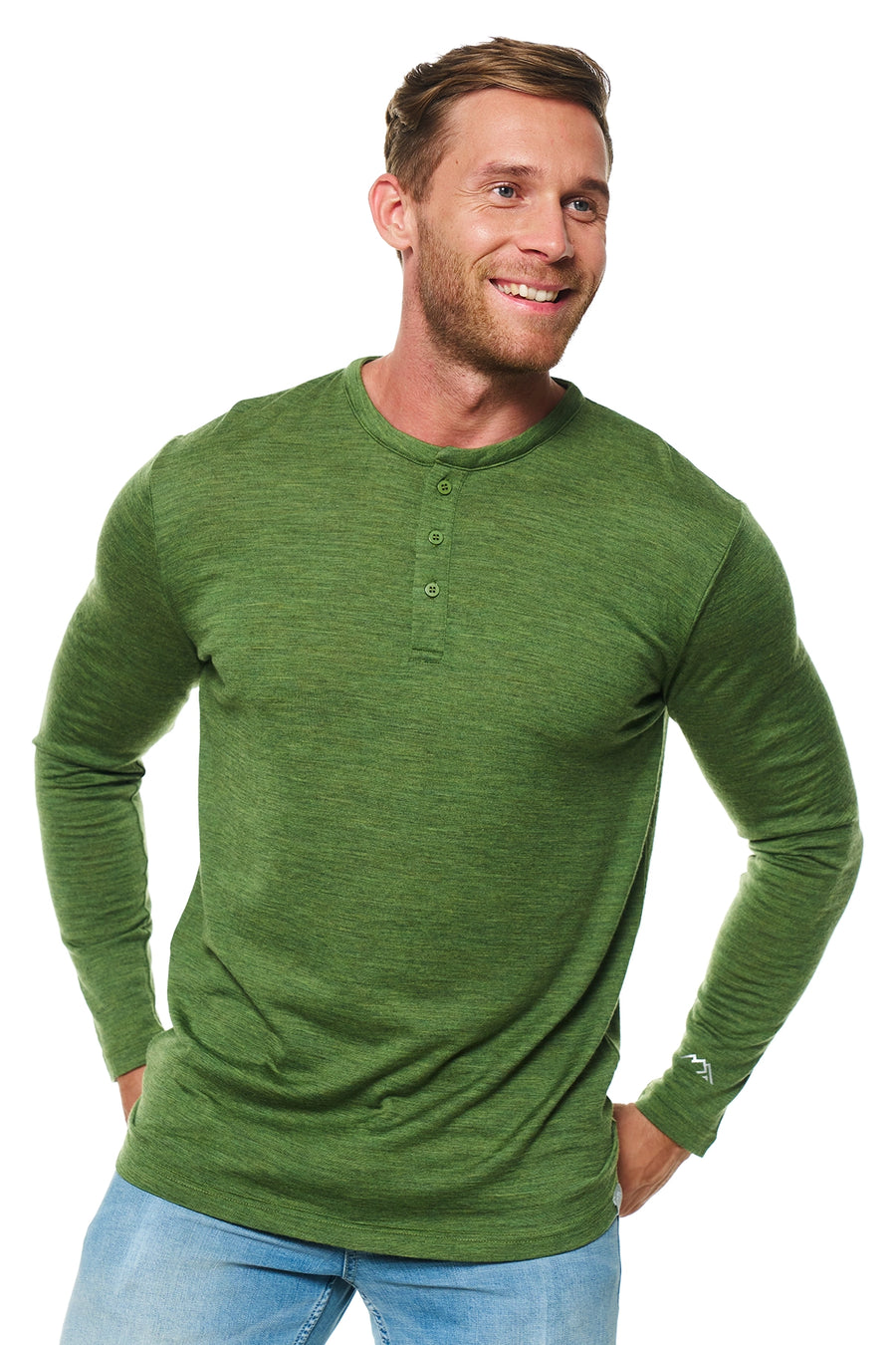 Men's Merino Wool Henley Long Sleeve 170 Green Olive