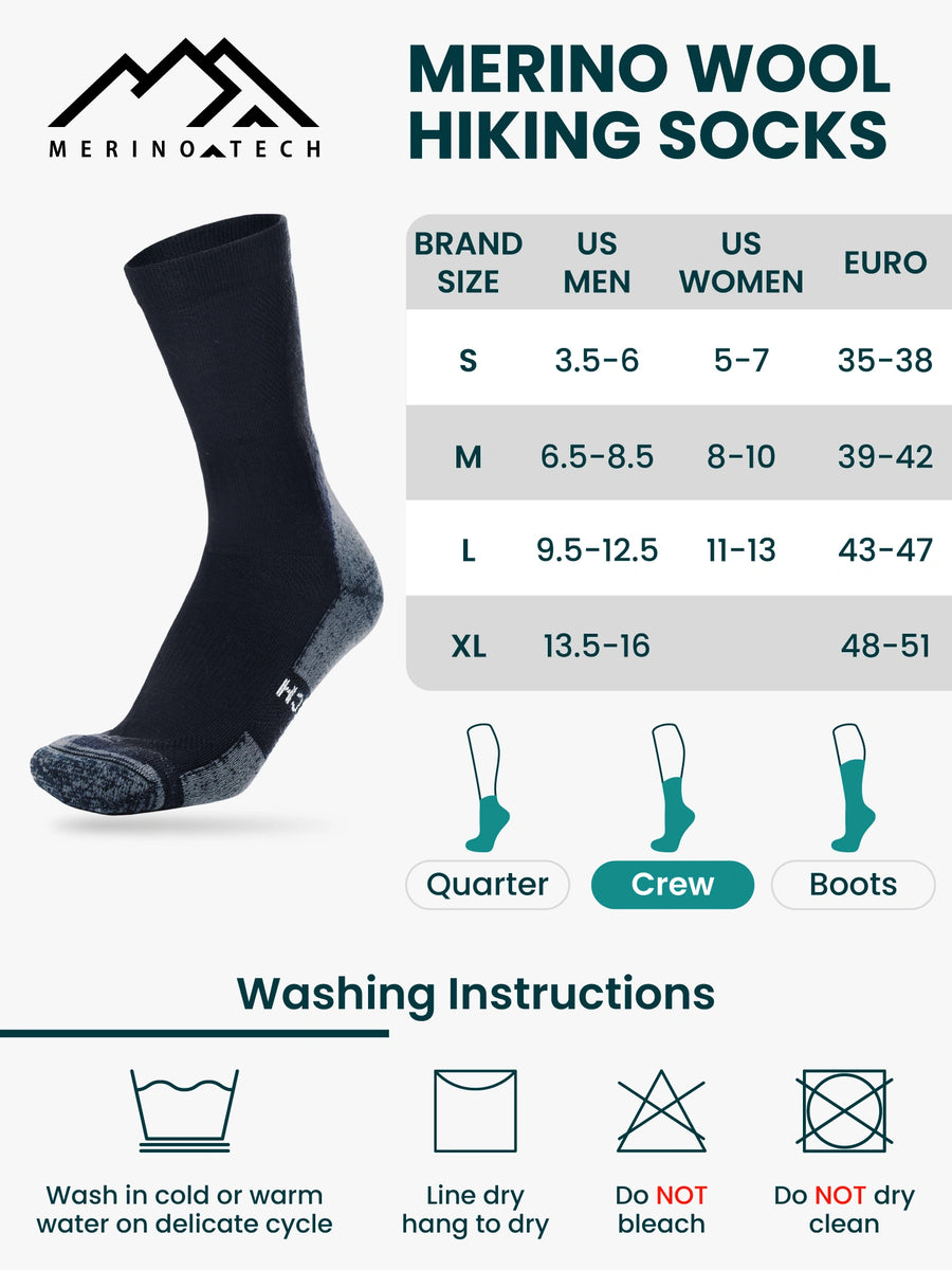 Merino Wool Hiking Socks - (Pack of 2) Black Marble