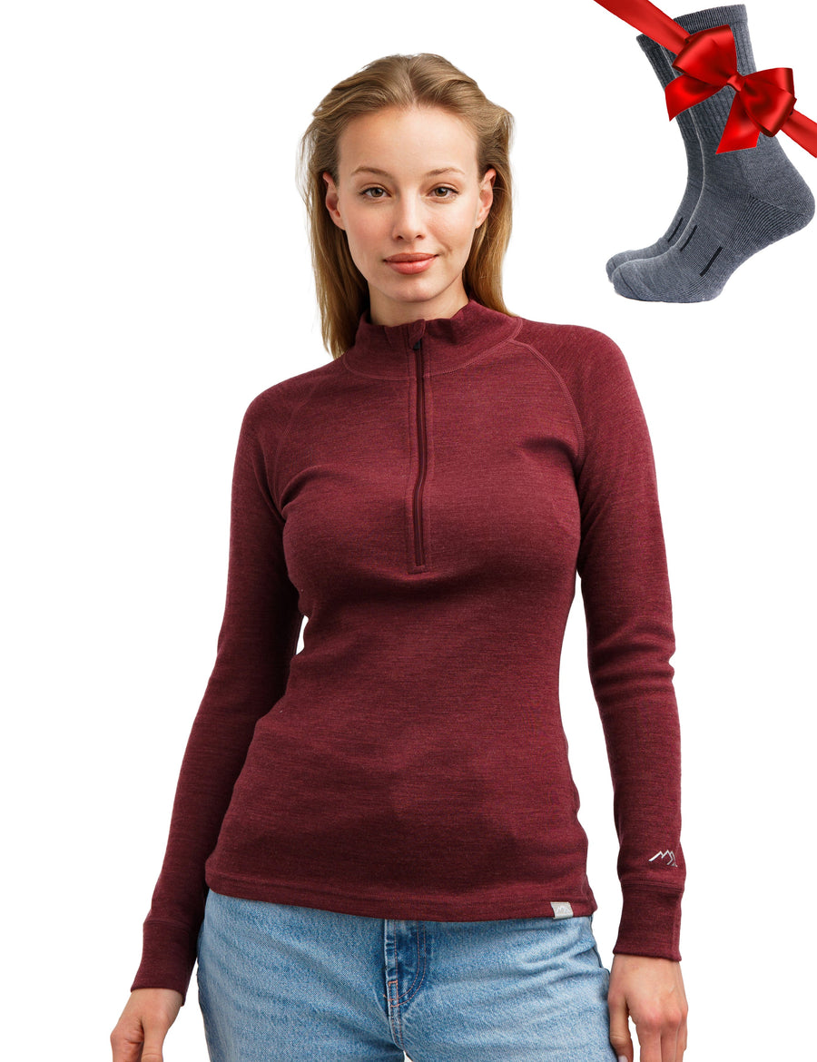 Women's Merino Half Zip Long Sleeve 320 Burgundy
