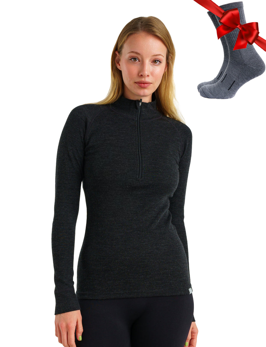 Women's Merino Half Zip Long Sleeve 250 Charcoal Grey