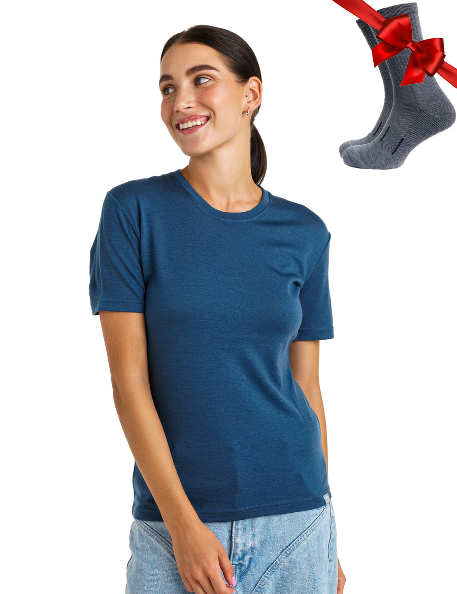 Women's Merino T-shirt 180 Denim Blue | Crewneck (+socks)