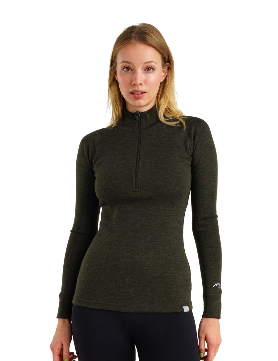 Haut manches longues zippé mi-col pour femme en Mérinos 320 Vert Armée