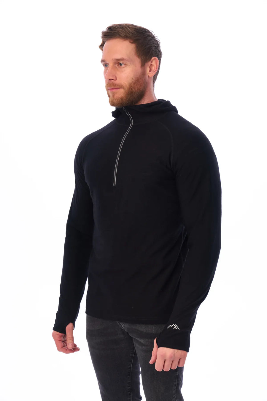 Men's Merino Wool Half Zip Hoodie 190 Black