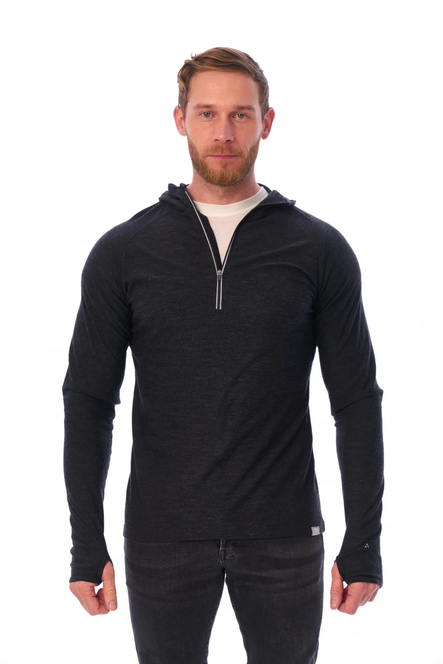 Men's Merino Wool Half Zip Hoodie 190 Charcoal Grey