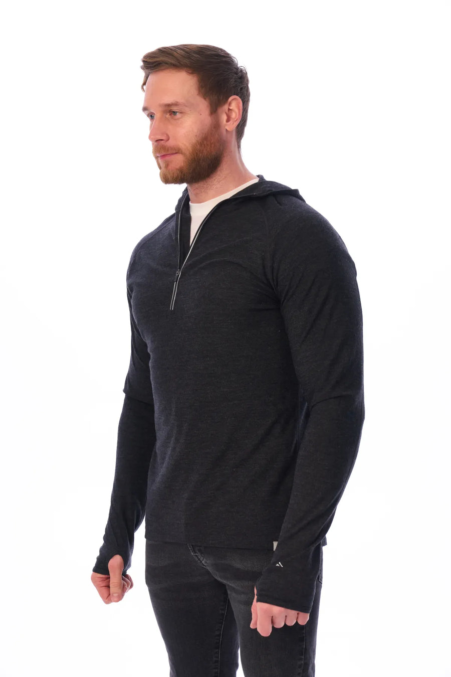 Men's Merino Wool Half Zip Hoodie 190 Charcoal Grey