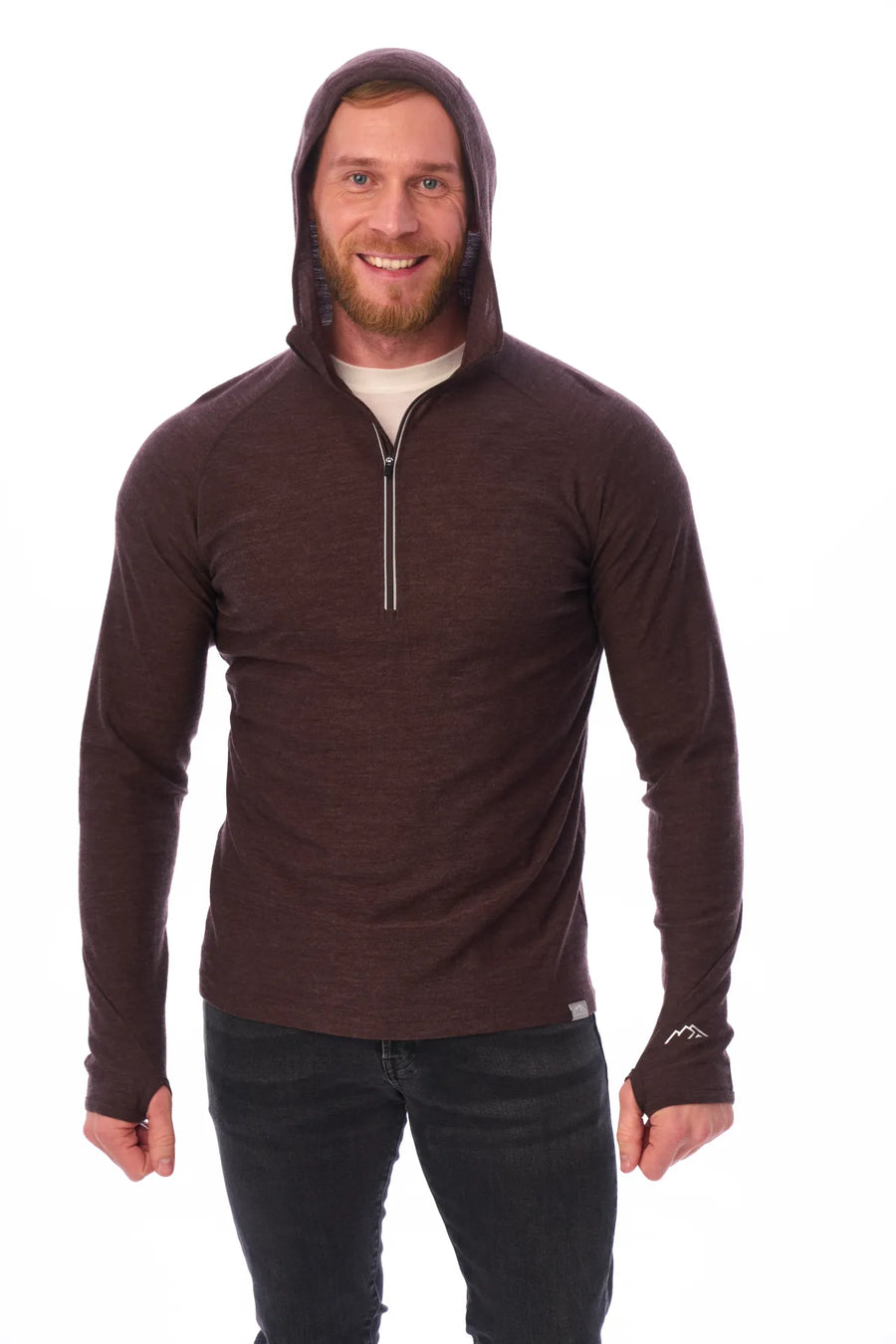 Men's Merino Wool Half Zip Hoodie 190 Chocolate