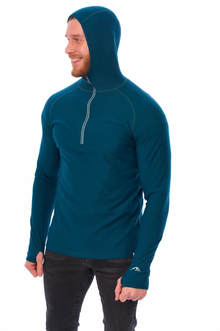 Men's Merino Wool Half Zip Hoodie 190 Deep Teal