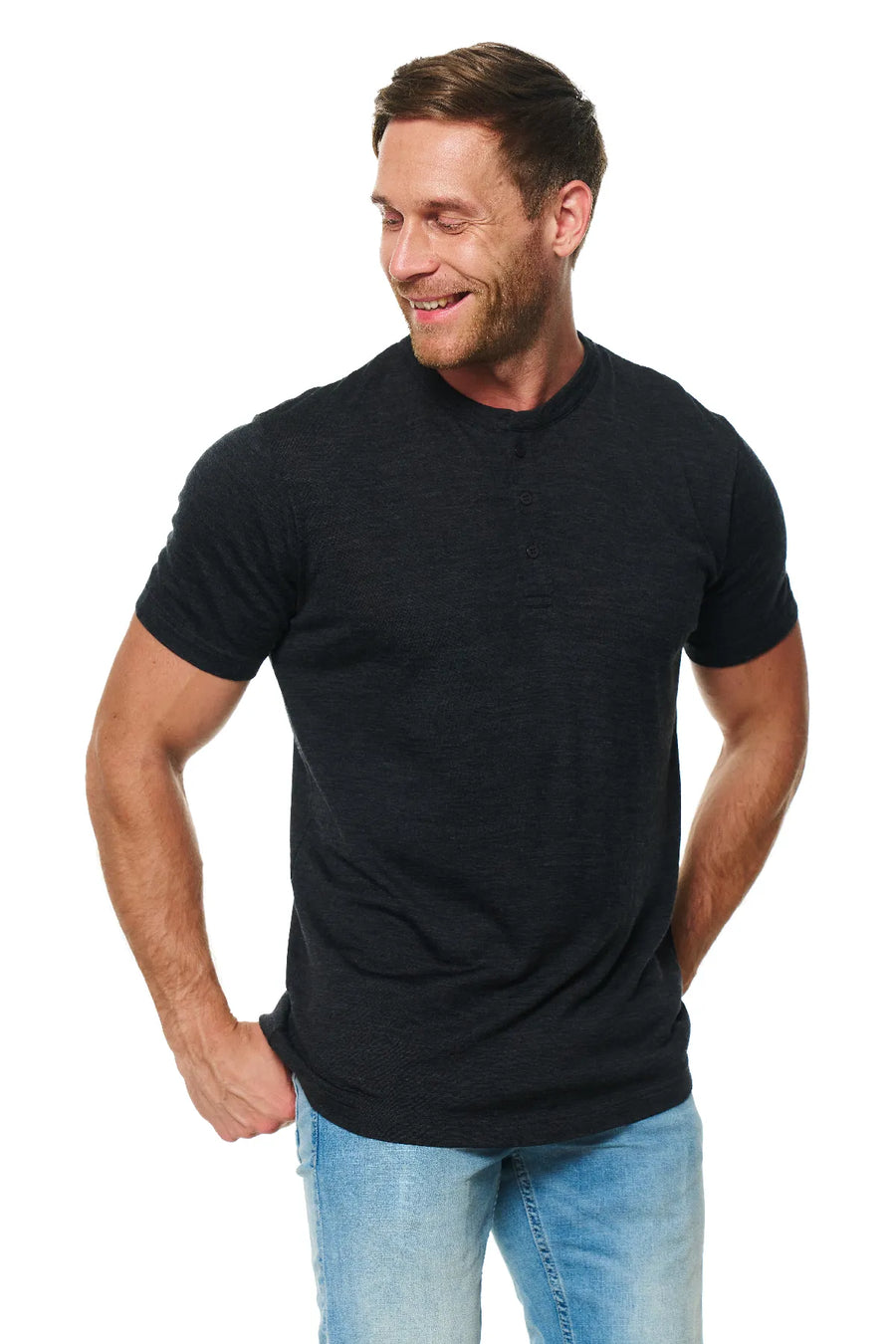 Men's Merino Wool Henley T-shirt 180 Charcoal Grey