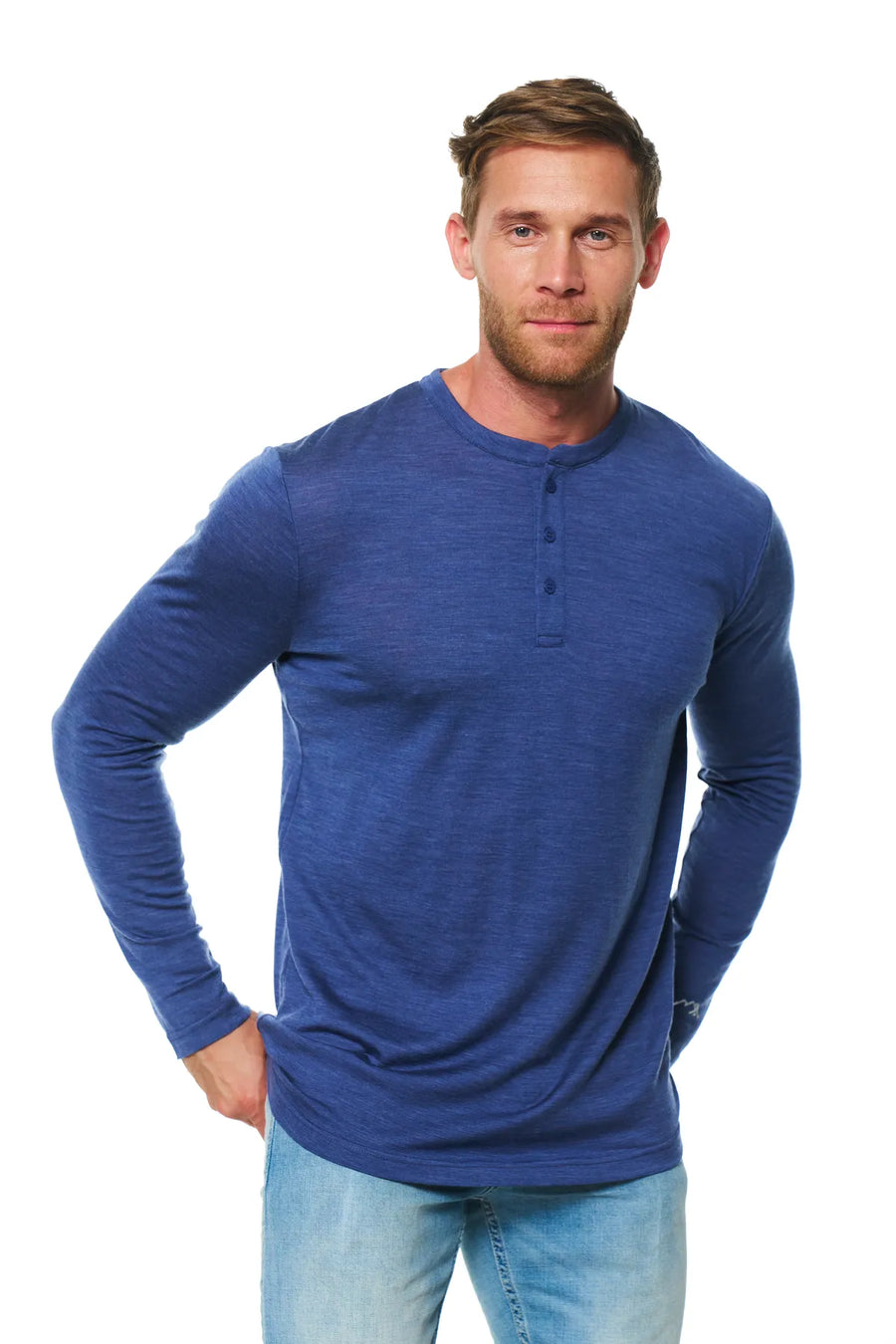 Men's Merino Wool Henley Long Sleeve 170 Grey Blue