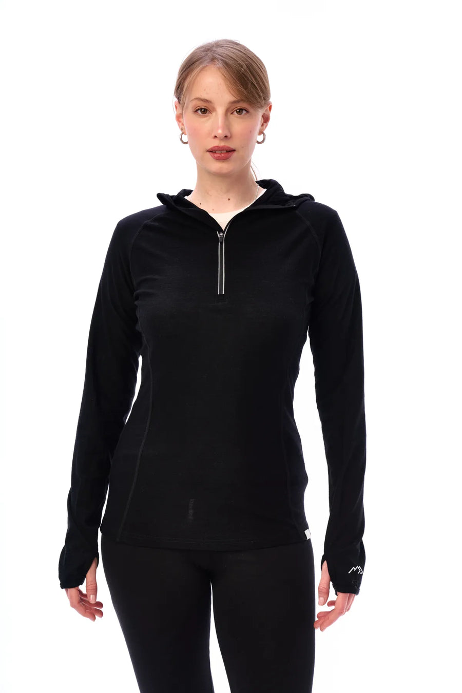 Women's Merino Wool Half Zip Hoodie 190 Black