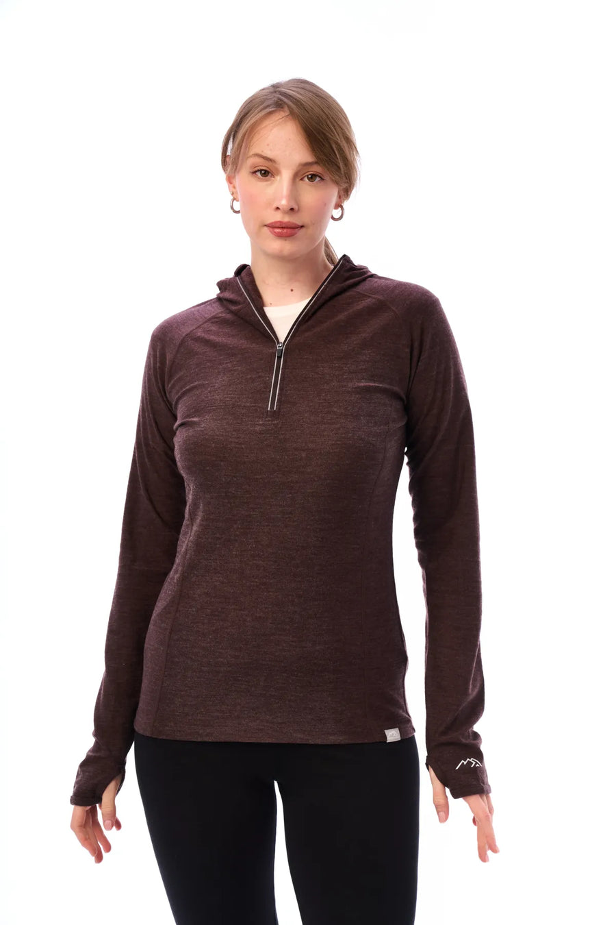 Women's Merino Wool Half Zip Hoodie 190 Chocolate