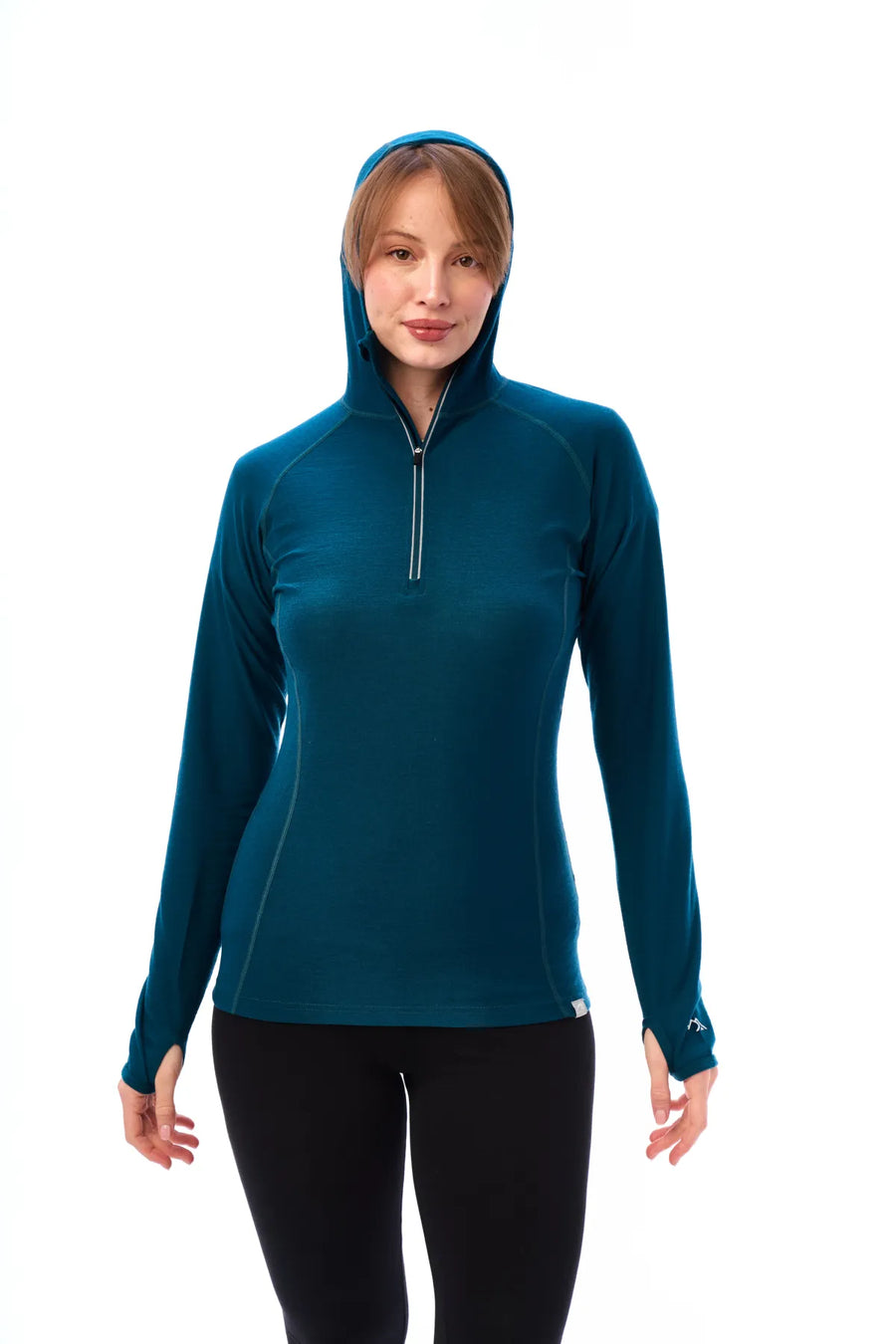 Women's Merino Wool Half Zip Hoodie 190 Deep Teal