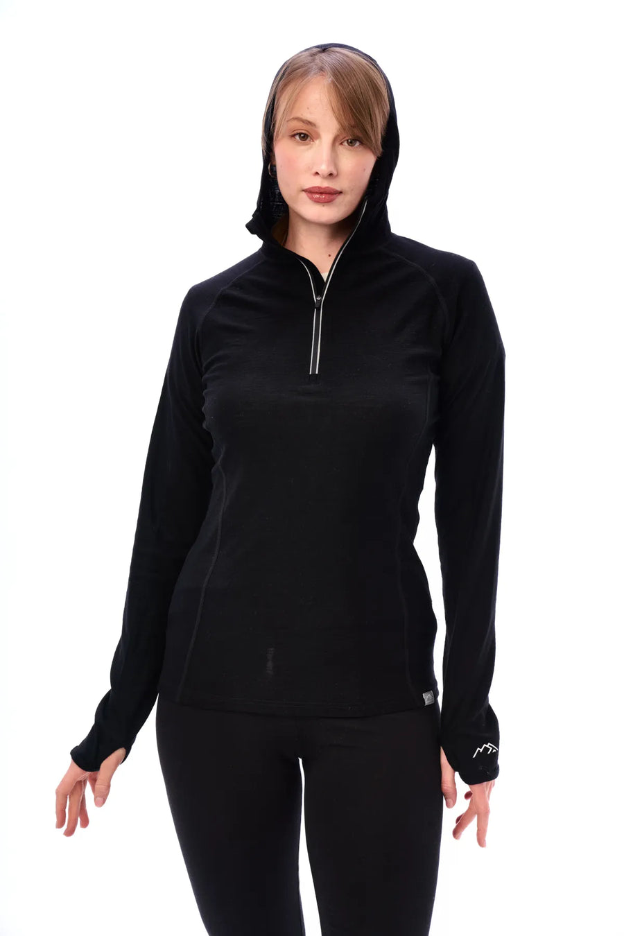 Women's Merino Wool Half Zip Hoodie 190 Black