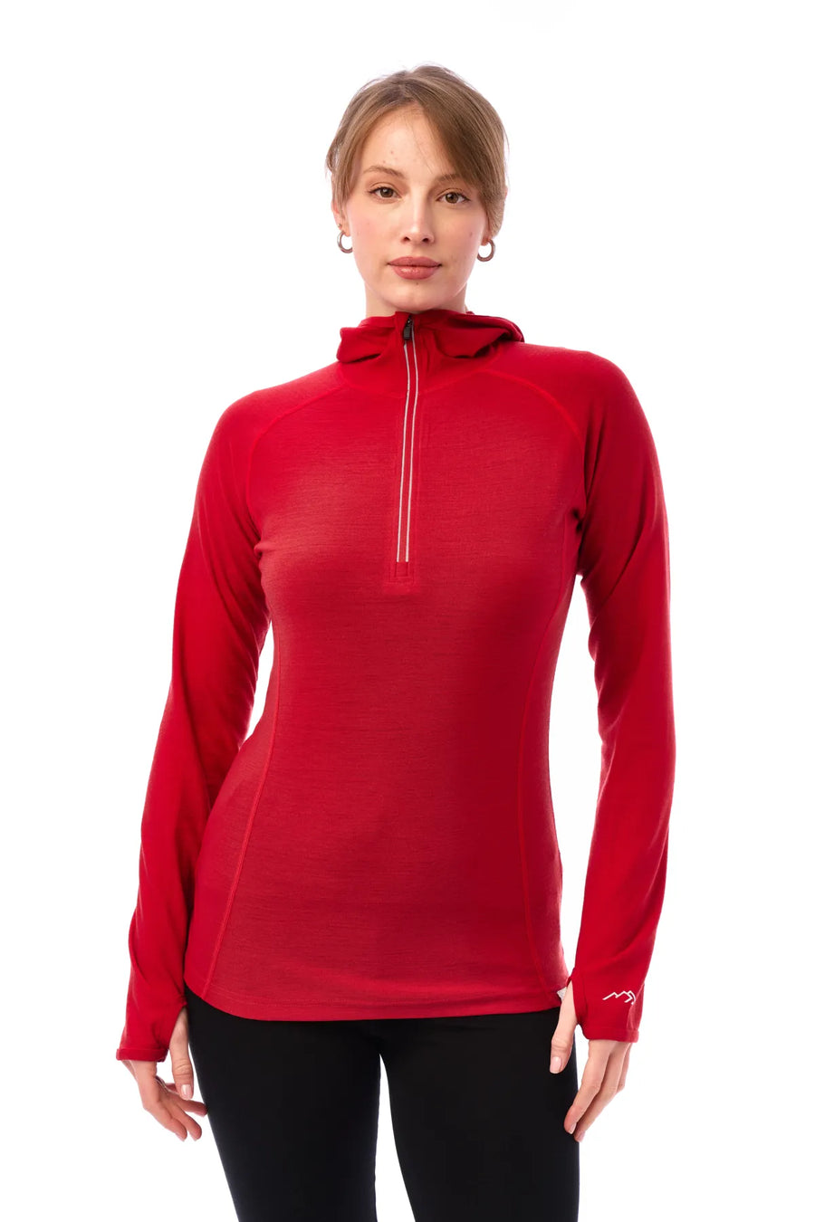 Women's Merino Wool Half Zip Hoodie 190 Cherry Red