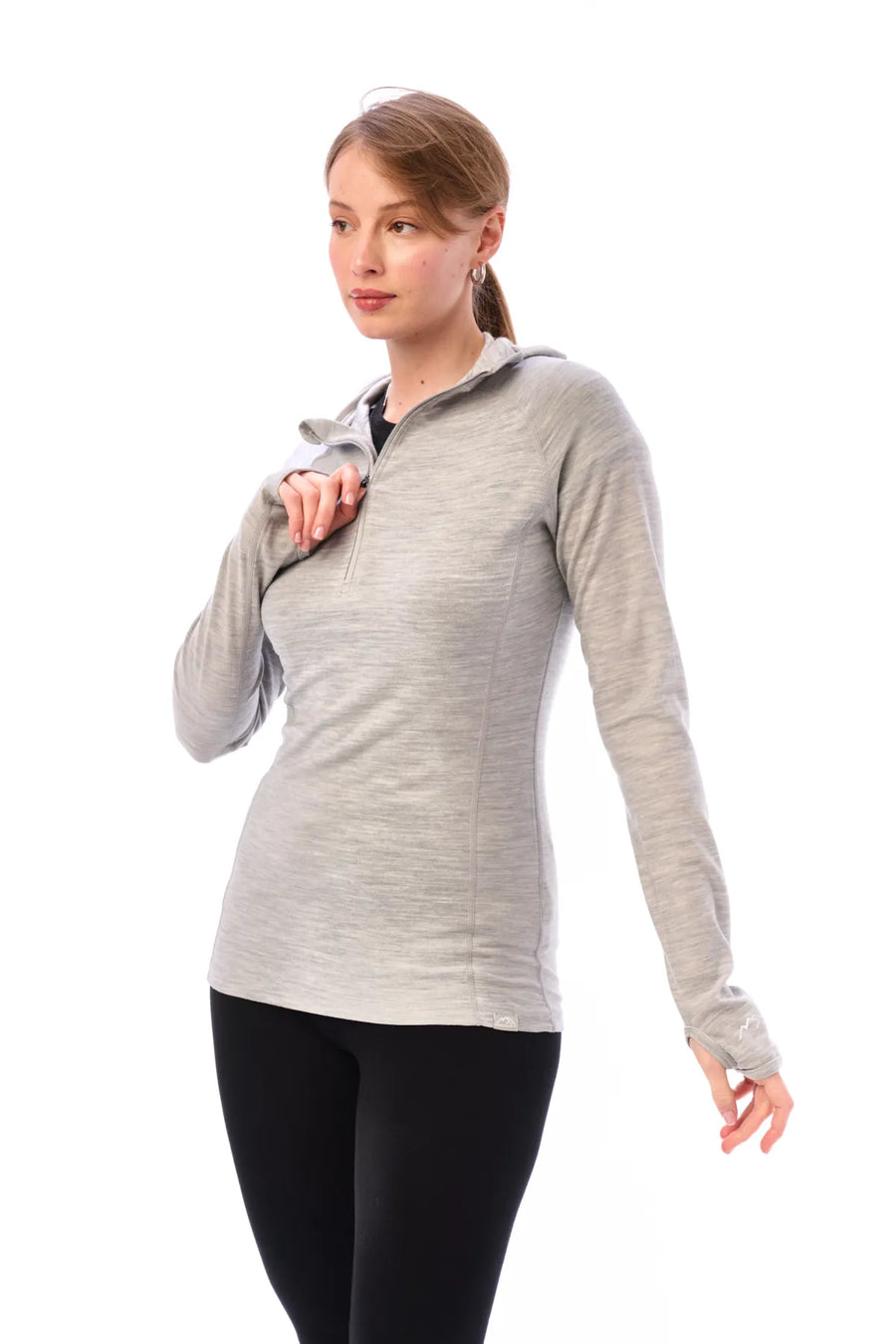 Women's Merino Wool Half Zip Hoodie 190 Heather Grey