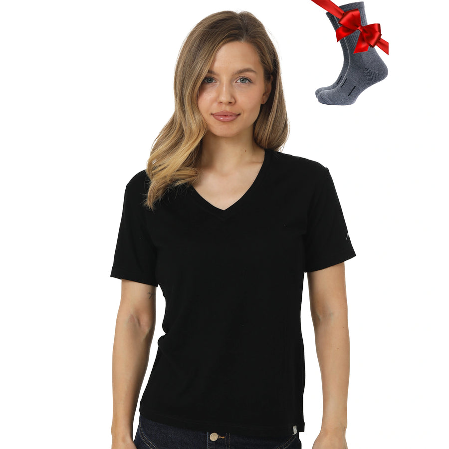 Women's Merino T-shirt 180 Black | V-Neck (+socks)