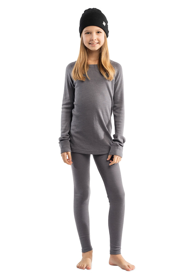 Kids’ Merino Wool Thermal Set 250 Perfect Gray + Black Beanie