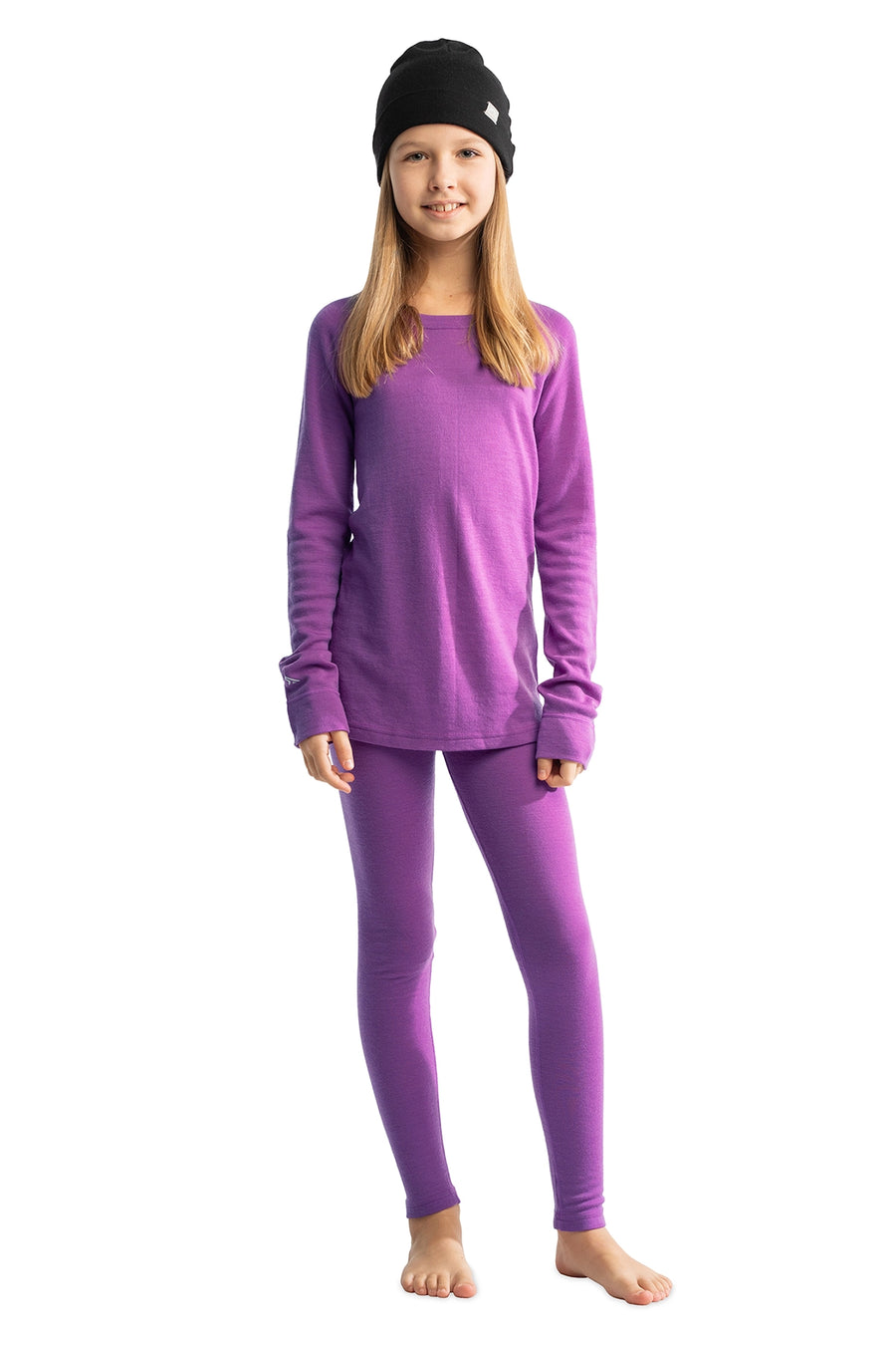 Kids’ Merino Wool Thermal Set 250 Violet Purple + Black Beanie