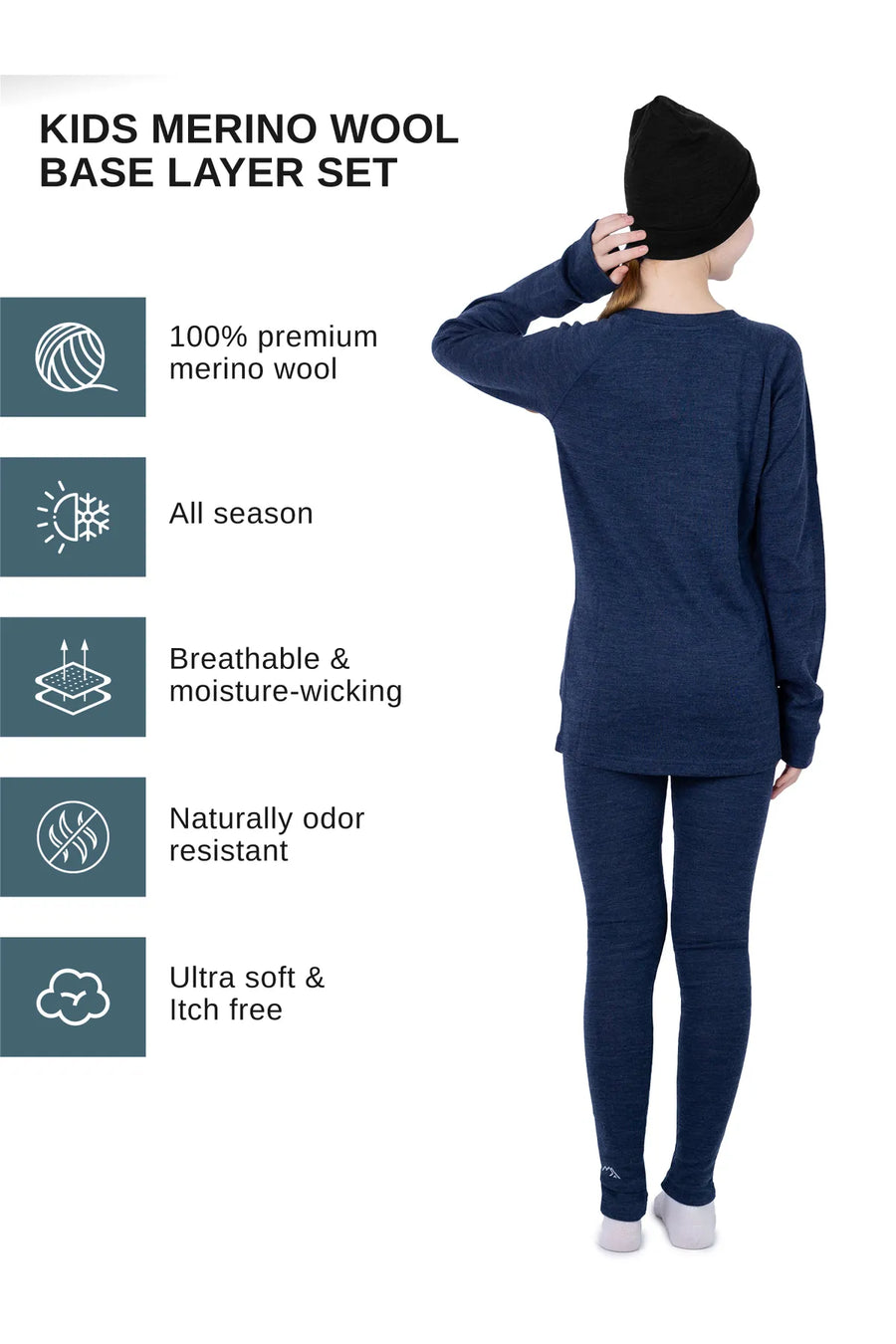 Kids’ Merino Wool Thermal Set 250 Navy + Black Beanie