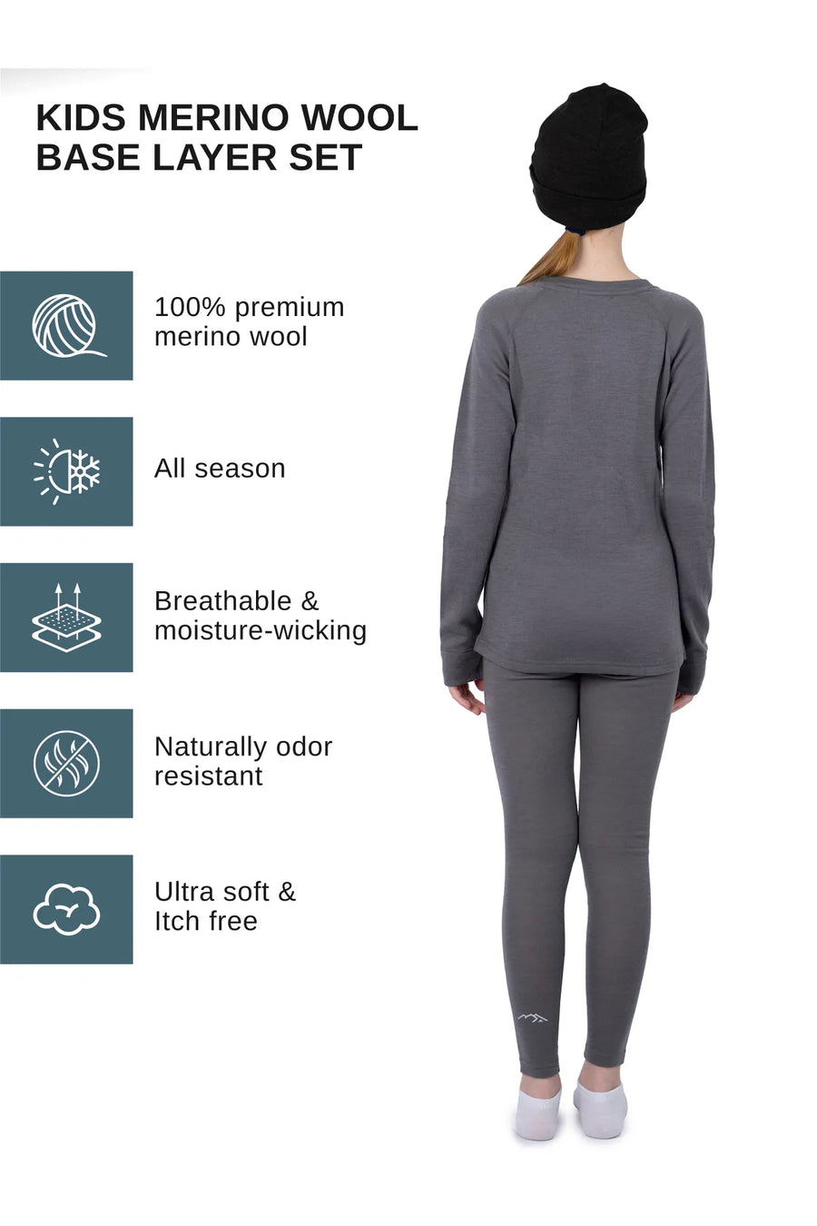 Kids’ Merino Wool Thermal Set 250 Perfect Gray + Black Beanie