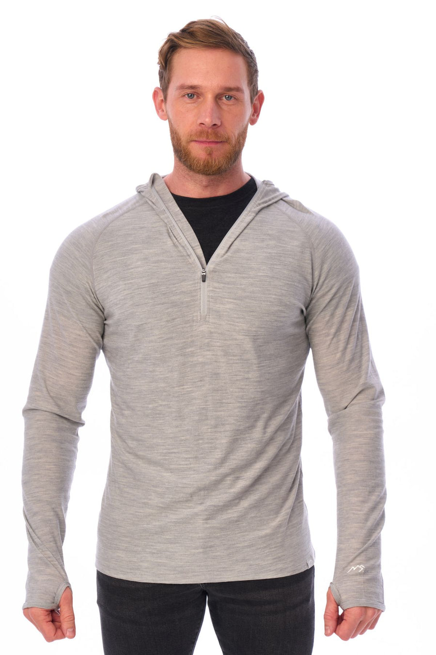 Men's Merino Wool Half Zip Hoodie 190 Heather Grey