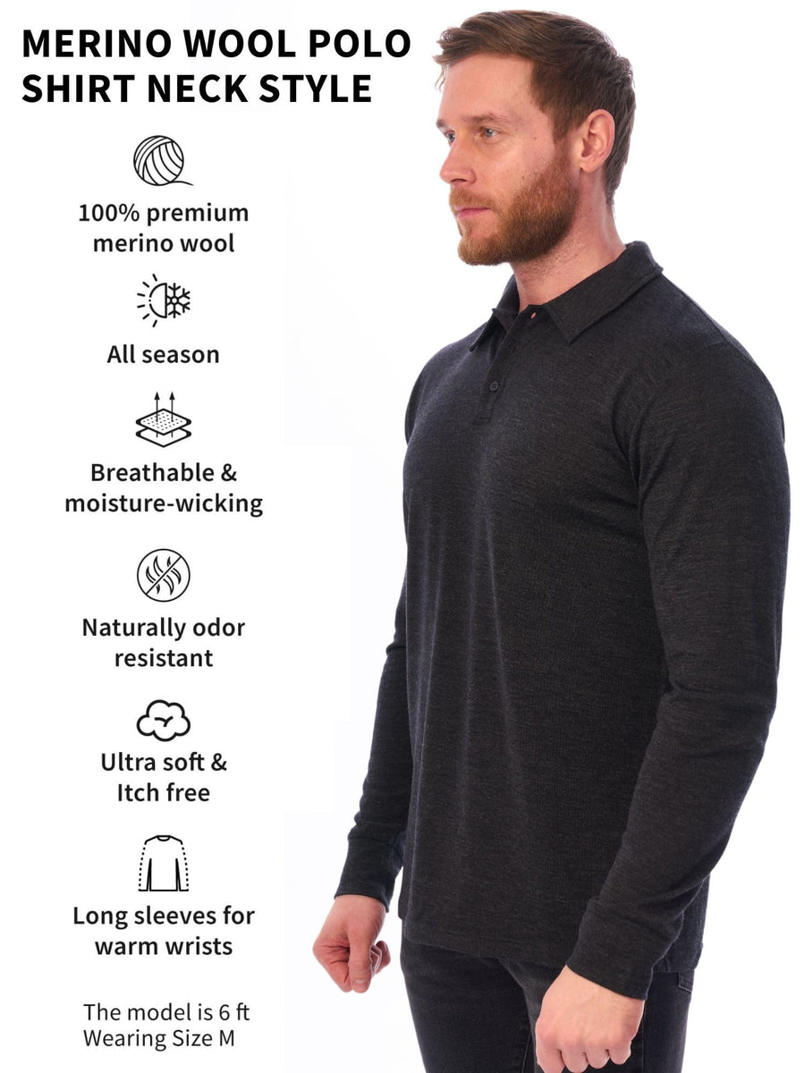 Men's Merino Wool Long Sleeve Polo 165 Charcoal