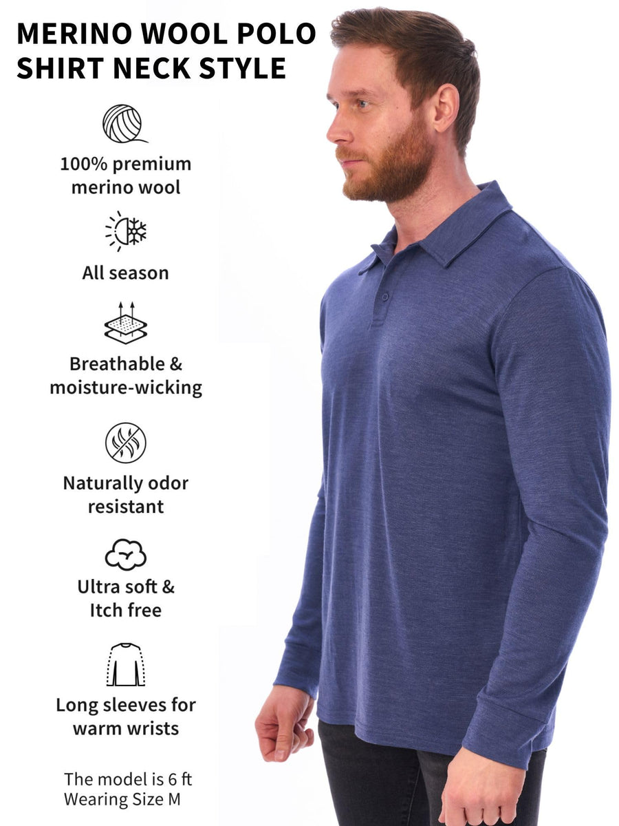 Men's Merino Wool Long Sleeve Polo 165 Grey Blue
