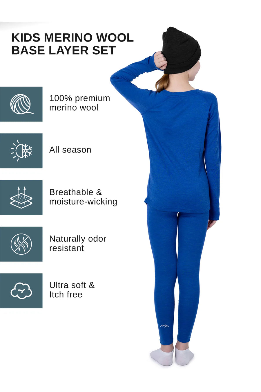 Kids’ Merino Wool Thermal Set 250 Cobalt Blue + Black Beanie