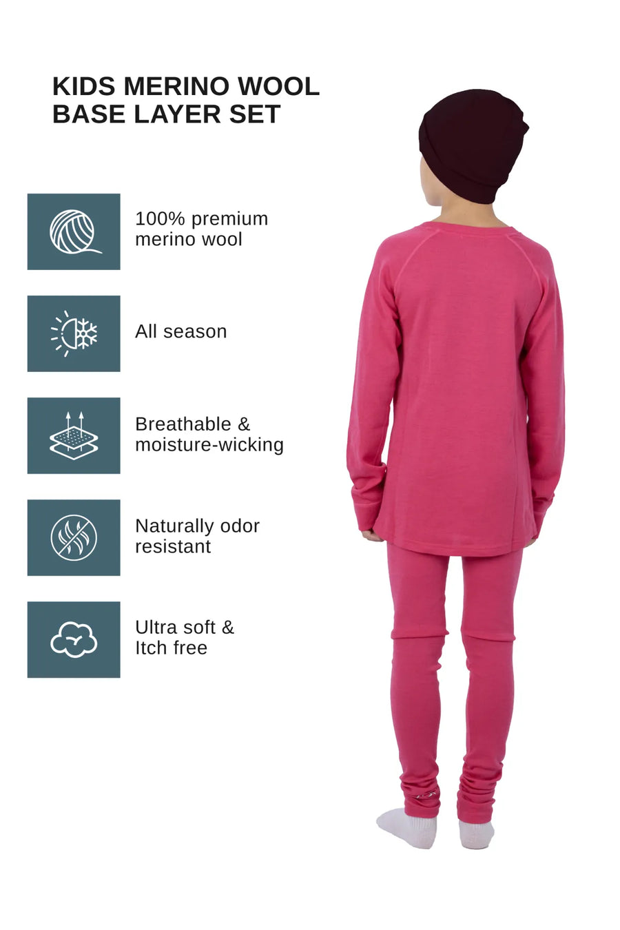 Kids’ Merino Wool Thermal Set 250 Pink + Black Beanie