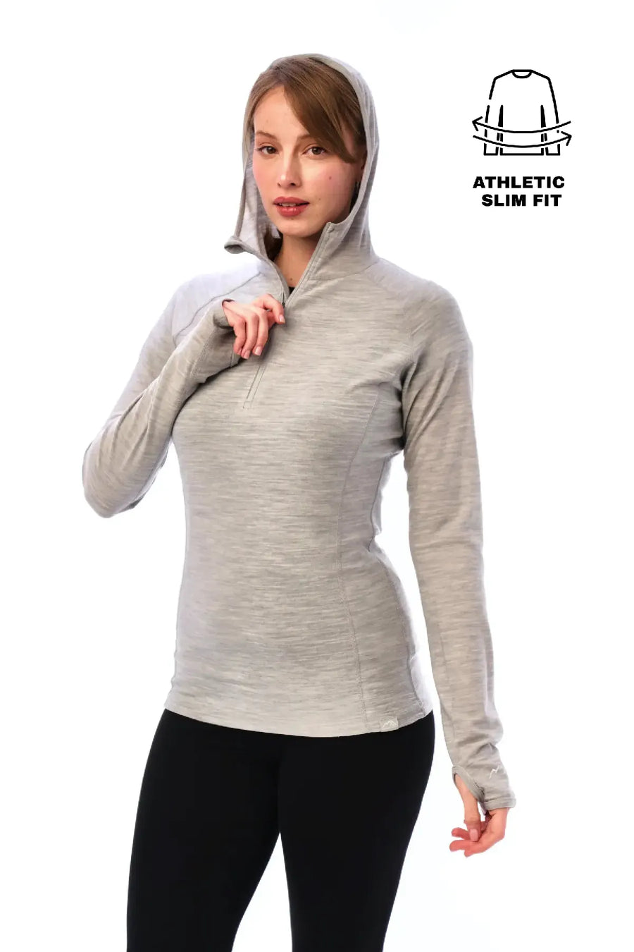 Women's Merino Wool Half Zip Hoodie 190 Heather Grey