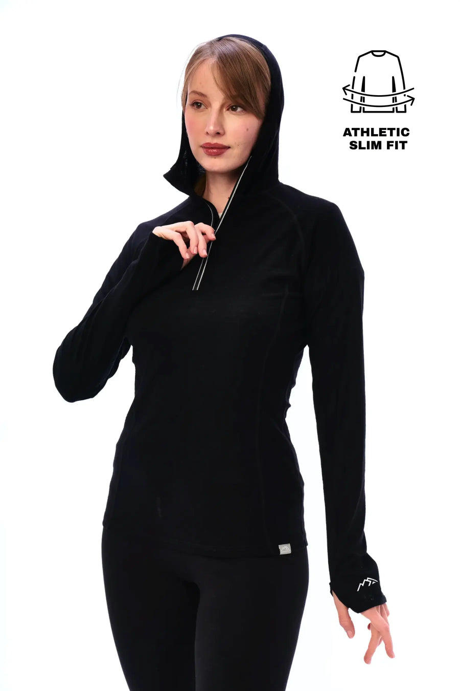 Women's Merino Wool Half Zip Hoodie 190 Black