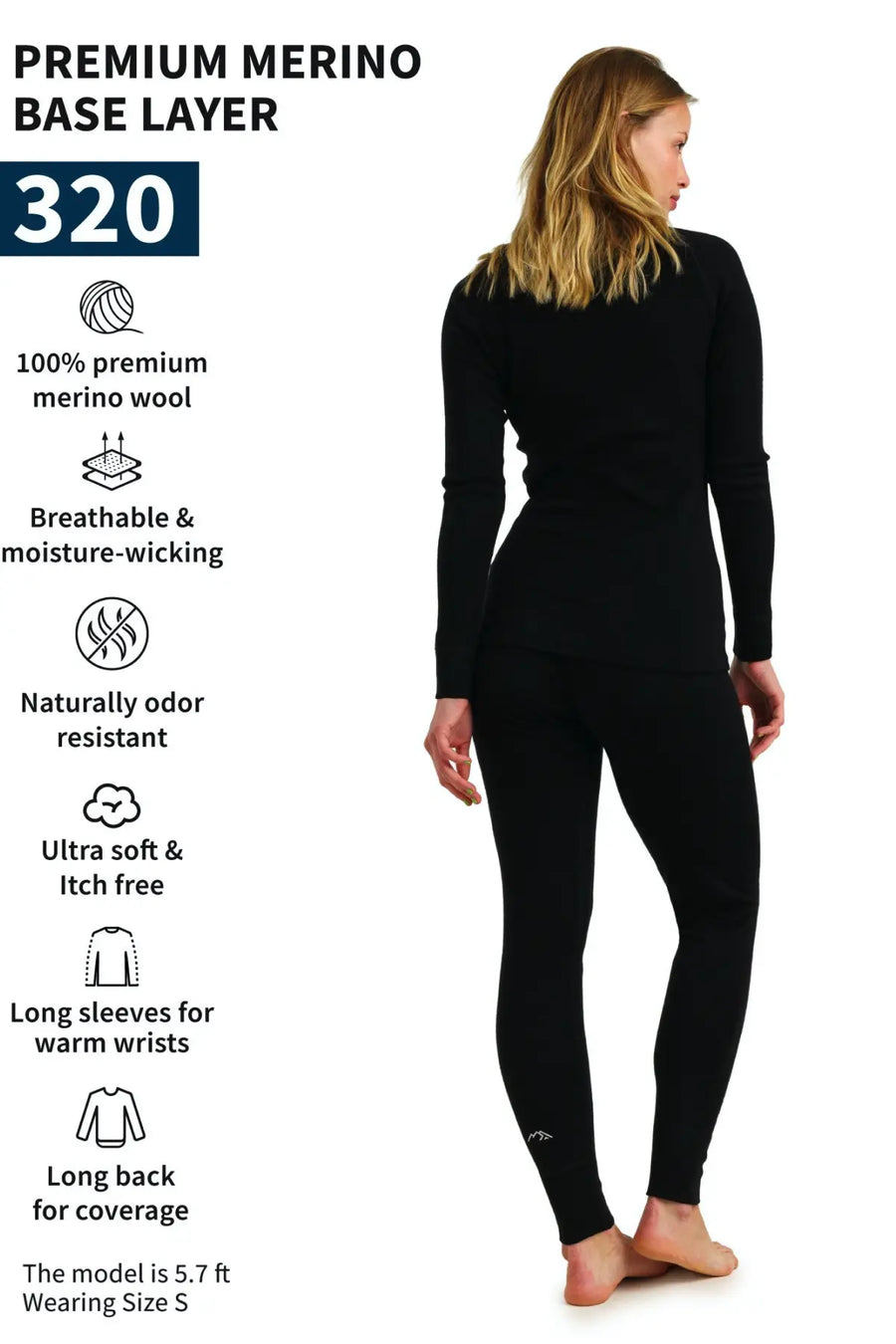 Ensemble thermique Mérinos femme 320, noir, à fermeture éclair