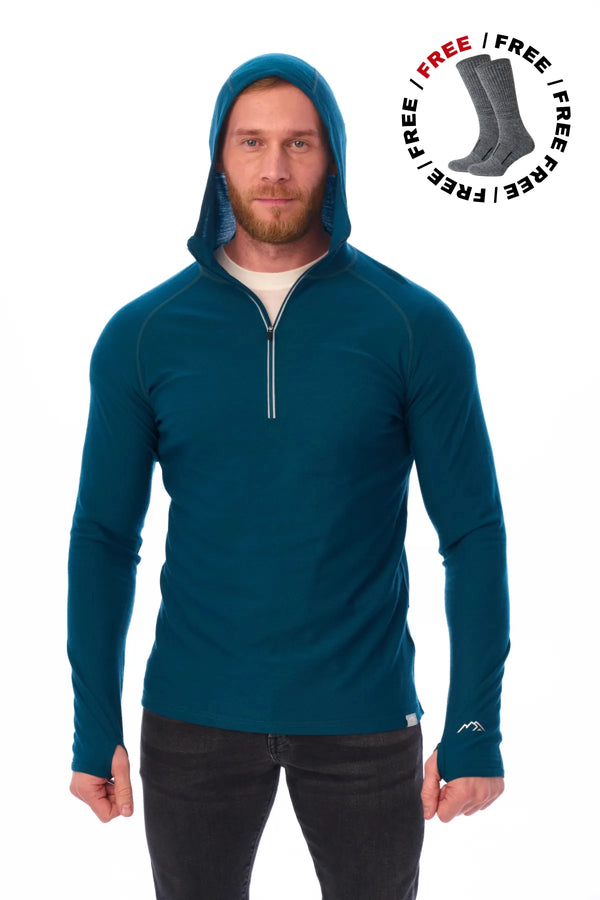 Men's Merino Wool Half Zip Hoodie 190 Deep Teal