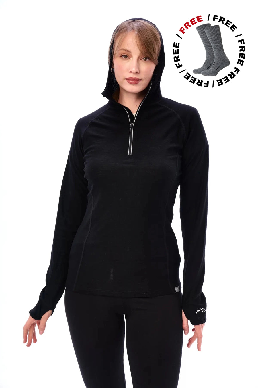 Women's Merino Wool Half Zip Hoodie 190 Black