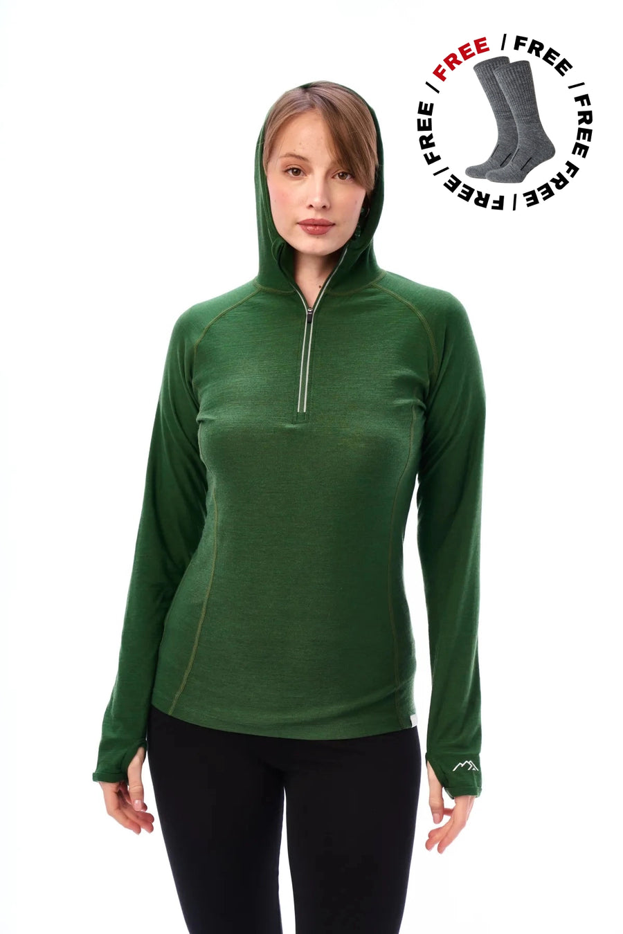 Women's Merino Wool Half Zip Hoodie 190 Olive