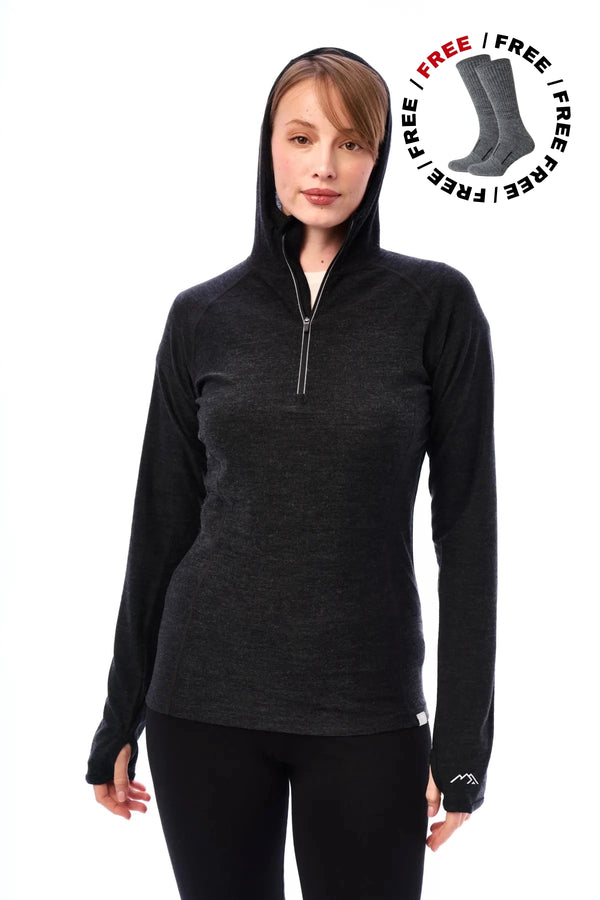 Women's Merino Wool Half Zip Hoodie 190 Charcoal Grey