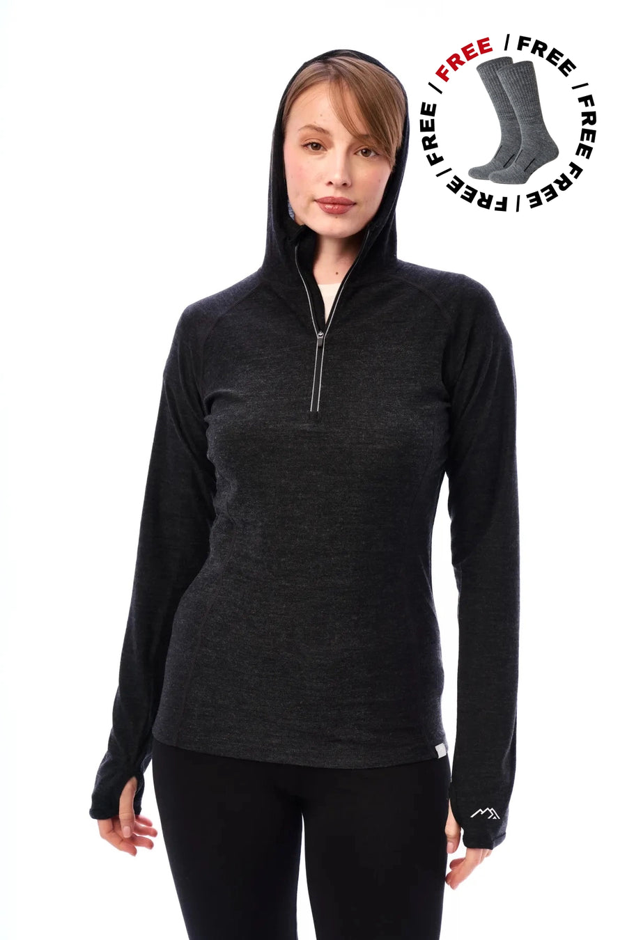 Women's Merino Wool Half Zip Hoodie 190 Charcoal Grey