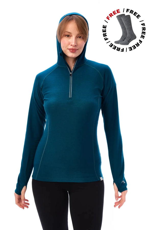Women's Merino Wool Half Zip Hoodie 190 Deep Teal