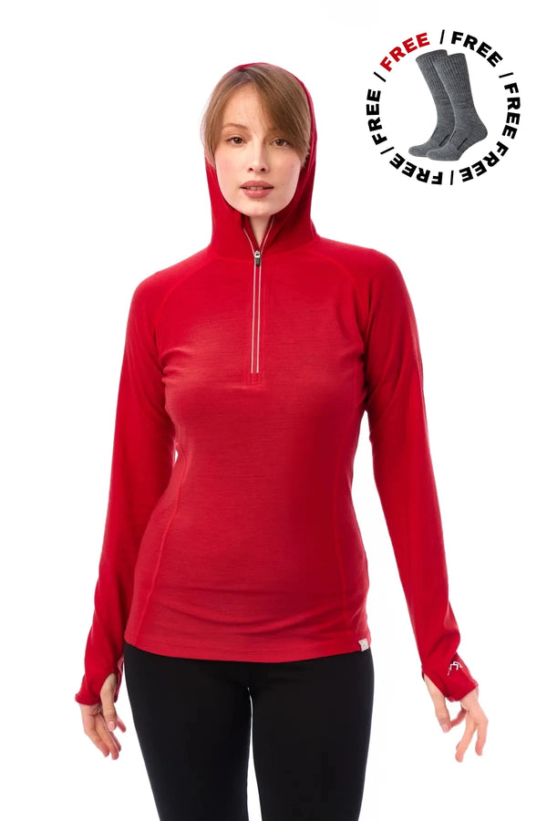 Women's Merino Wool Half Zip Hoodie 190 Cherry Red