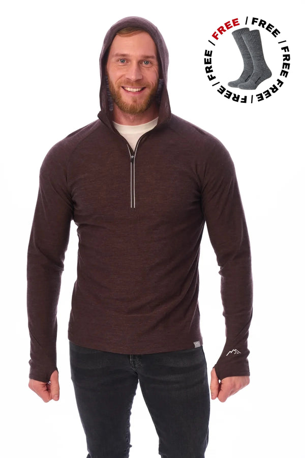 Men's Merino Wool Half Zip Hoodie 190 Chocolate
